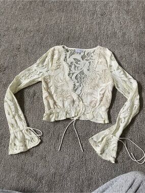 Tobi Ivory Lace Tie-Front Cropped Blouse